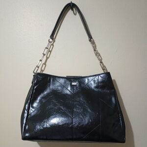 DKNY Black Leather Shoulder Bag with Chain Strap NWOT